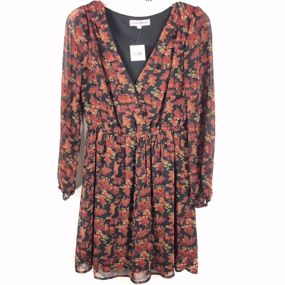 Altar'd State Black Floral Long Sleeve Dress Size Small Romantic Fall Boho Style